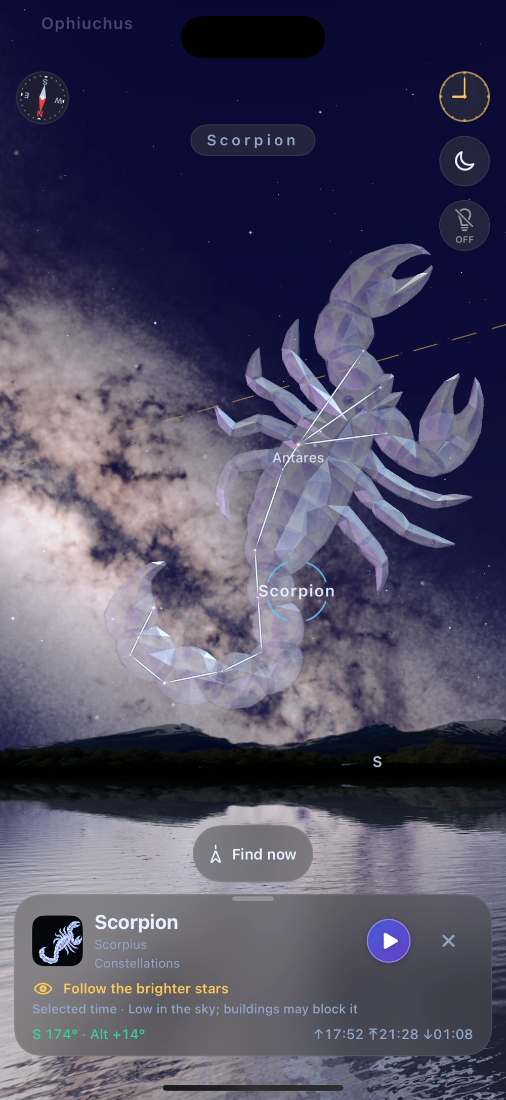 Actual app screen showing the full Scorpius model, Milky Way and lake reflections