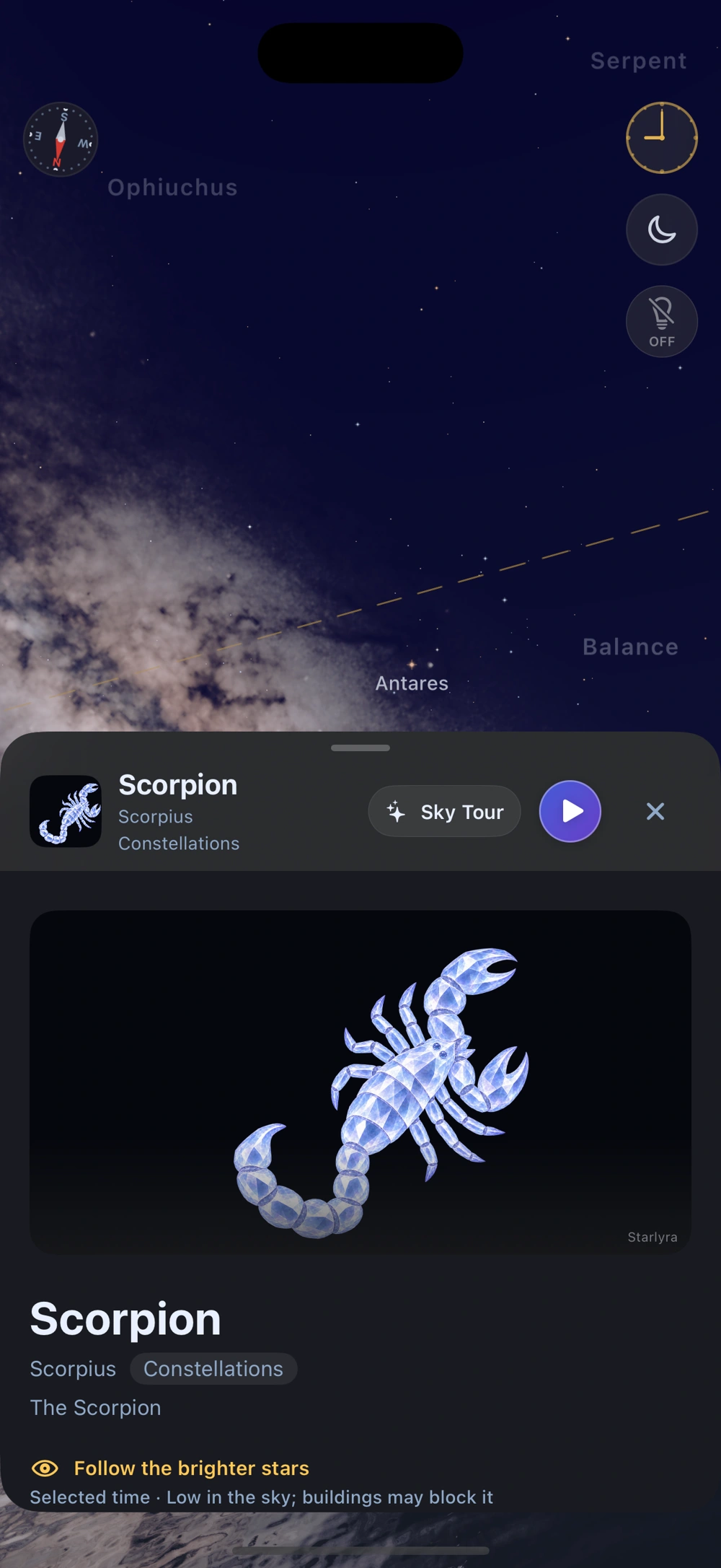 Scorpius information and narration controls in the app