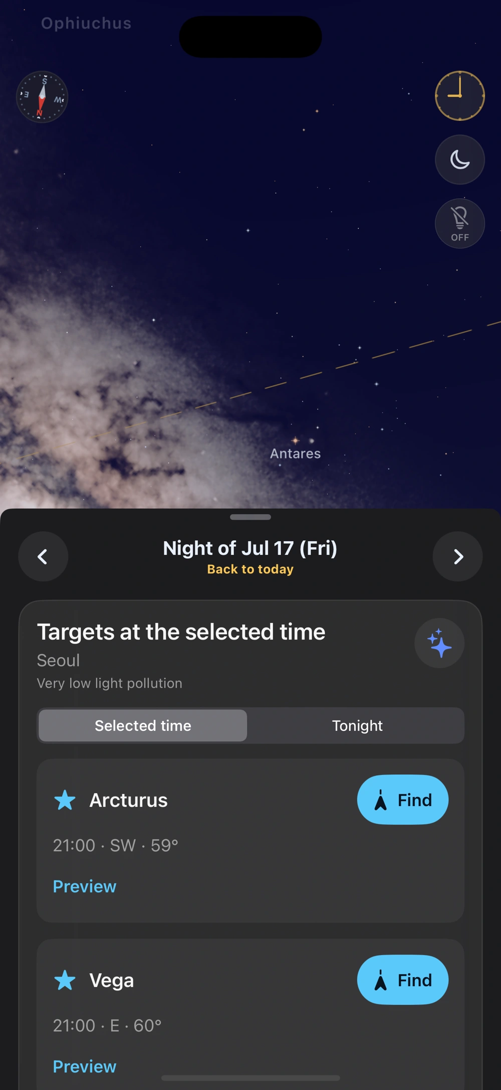 Tonight suggestions with times, directions and altitudes