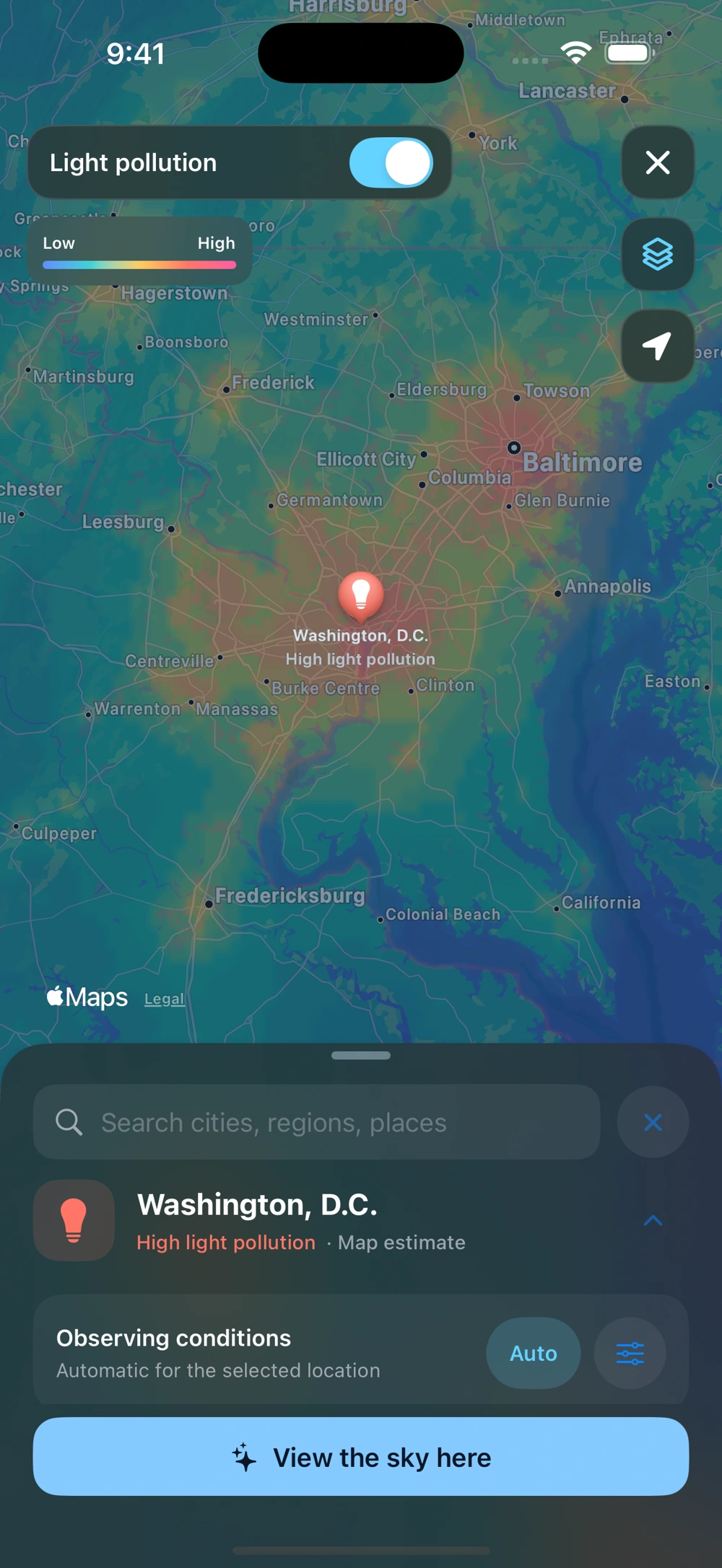 Light pollution map centered on Washington, D.C.